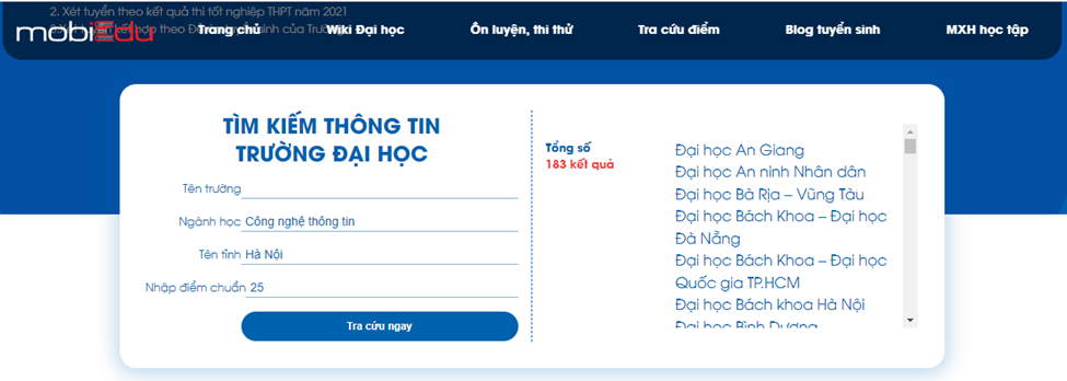Tra cứu trường đại học phù hợp với nguyện vọng và năng lực dựa trên điểm chuẩn của năm trước Tra cứu trường đại học phù hợp với nguyện vọng và năng lực dựa trên điểm chuẩn của năm trước