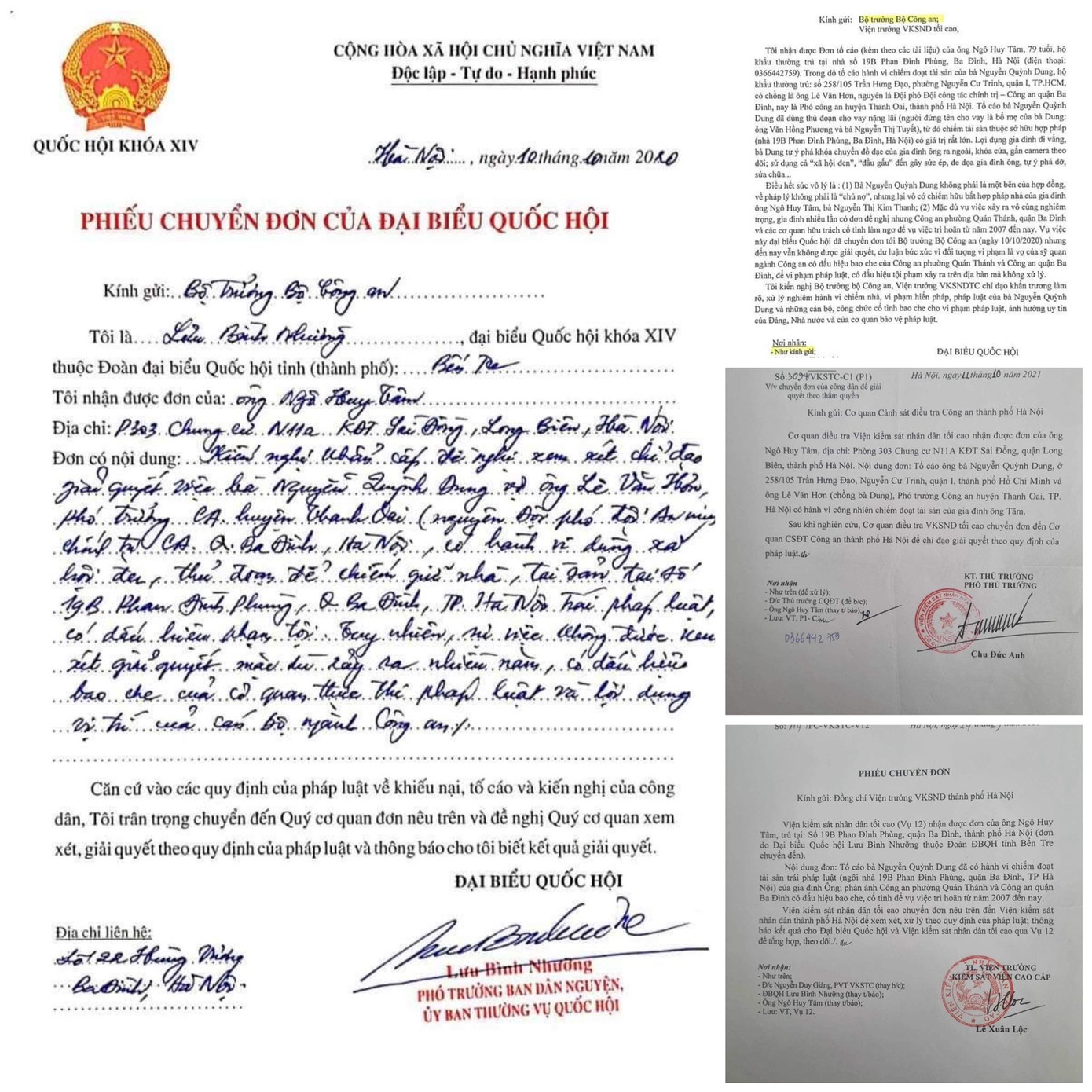 Phiếu chuyển đơn của đại biểu Quốc hội Lưu Bình Nhưỡng và của các cơ quan chức năng. Phiếu chuyển đơn của đại biểu Quốc hội Lưu Bình Nhưỡng và của các cơ quan chức năng.