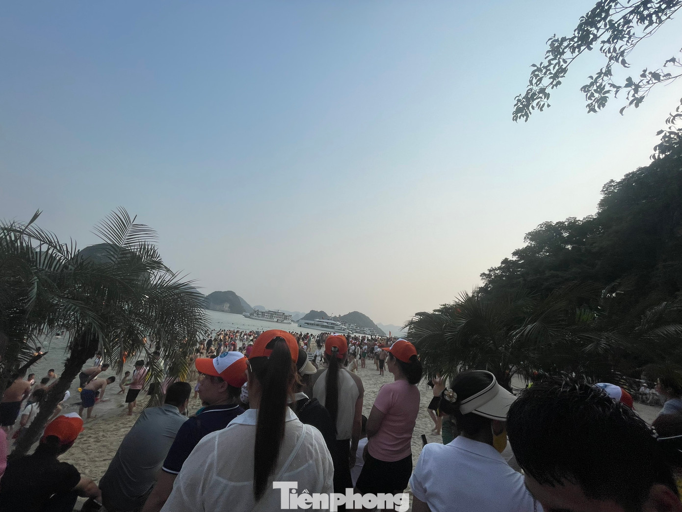 Tàu, thuyền đưa du khách đến đảo Ti Tốp phải xếp hàng dài chờ cập bến.