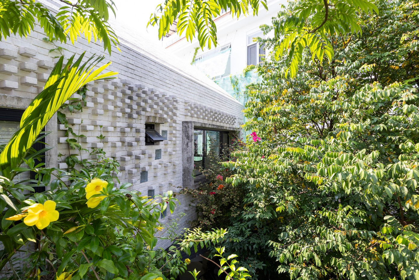 Sân vườn phía trước trồng cây ăn trái, giúp gợi nhớ về ngôi nhà quê và làm giảm bớt cái nóng của ánh nắng phía Tây.