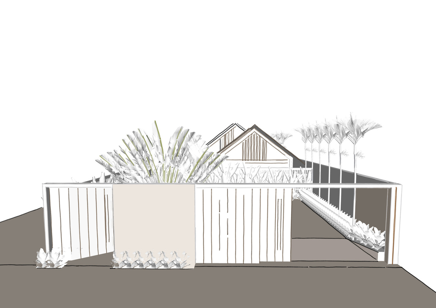 Ngôi nhà được thiết kế như một không gian nghỉ dưỡng. Do đó, nơi này có đầy đủ không gian sinh hoạt thiết yếu, bao gồm: Phòng khách, bếp, khu vực ăn uống ngoài trời và hai phòng ngủ - một phòng master dành cho chủ nhà và một phòng khách phụ.