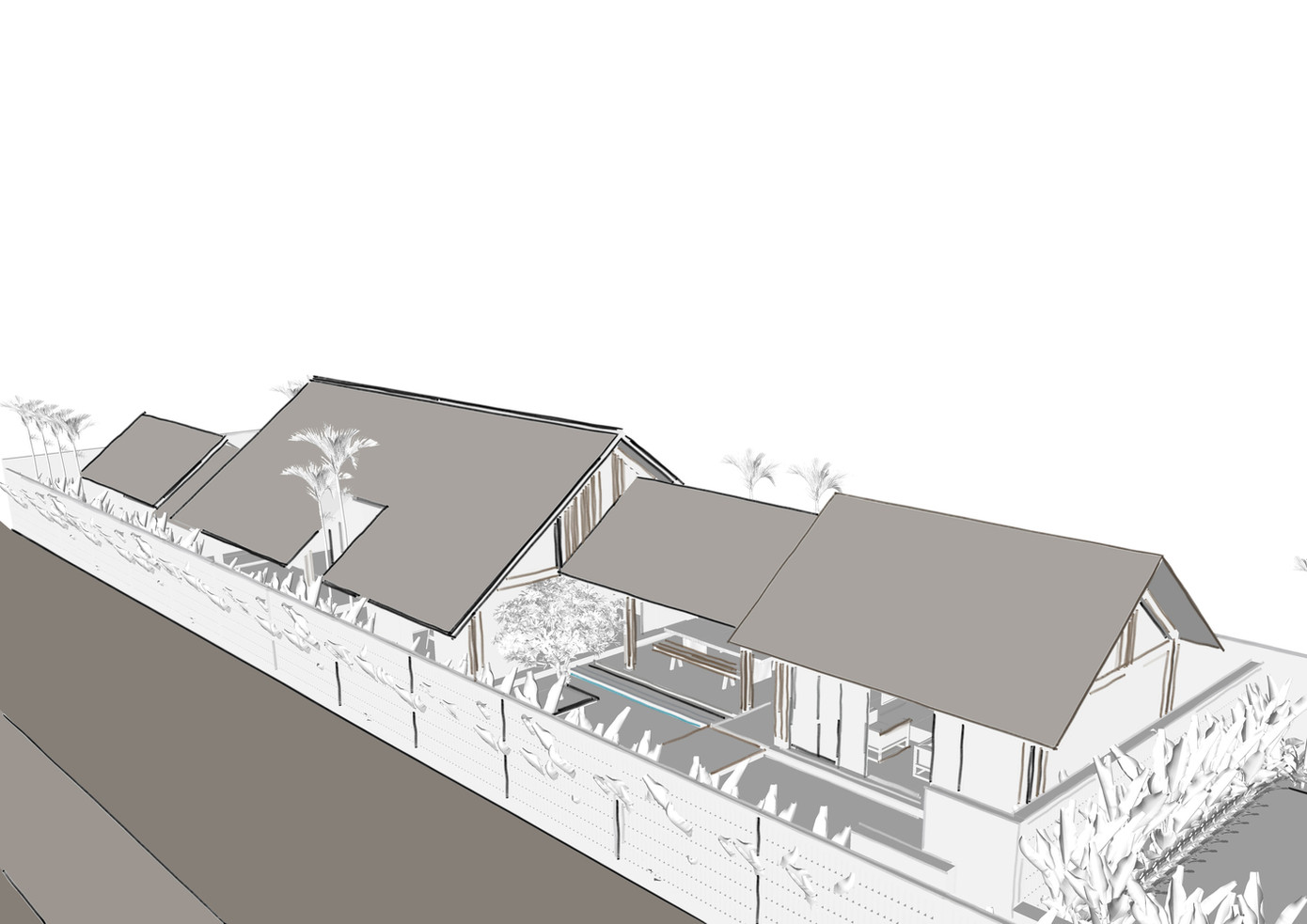 Ngôi nhà được thiết kế như một không gian nghỉ dưỡng. Do đó, nơi này có đầy đủ không gian sinh hoạt thiết yếu, bao gồm: Phòng khách, bếp, khu vực ăn uống ngoài trời và hai phòng ngủ - một phòng master dành cho chủ nhà và một phòng khách phụ.