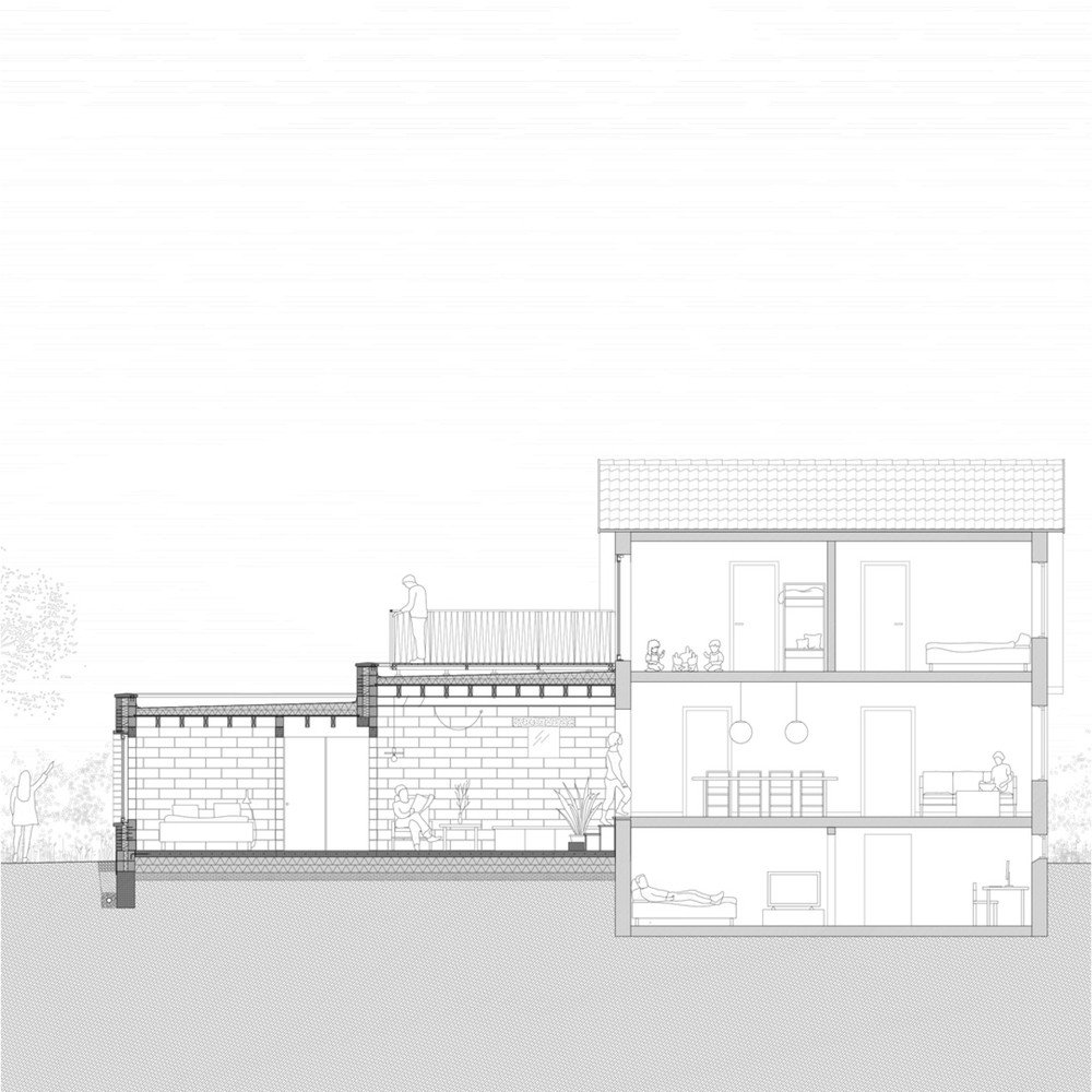 Ngôi nhà bao gồm phòng khách, bếp, khu vực ăn uống ngoài trời và phòng ngủ.