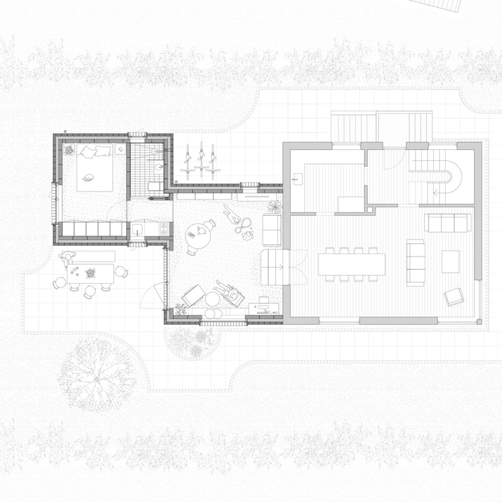 Ngôi nhà bao gồm phòng khách, bếp, khu vực ăn uống ngoài trời và phòng ngủ.