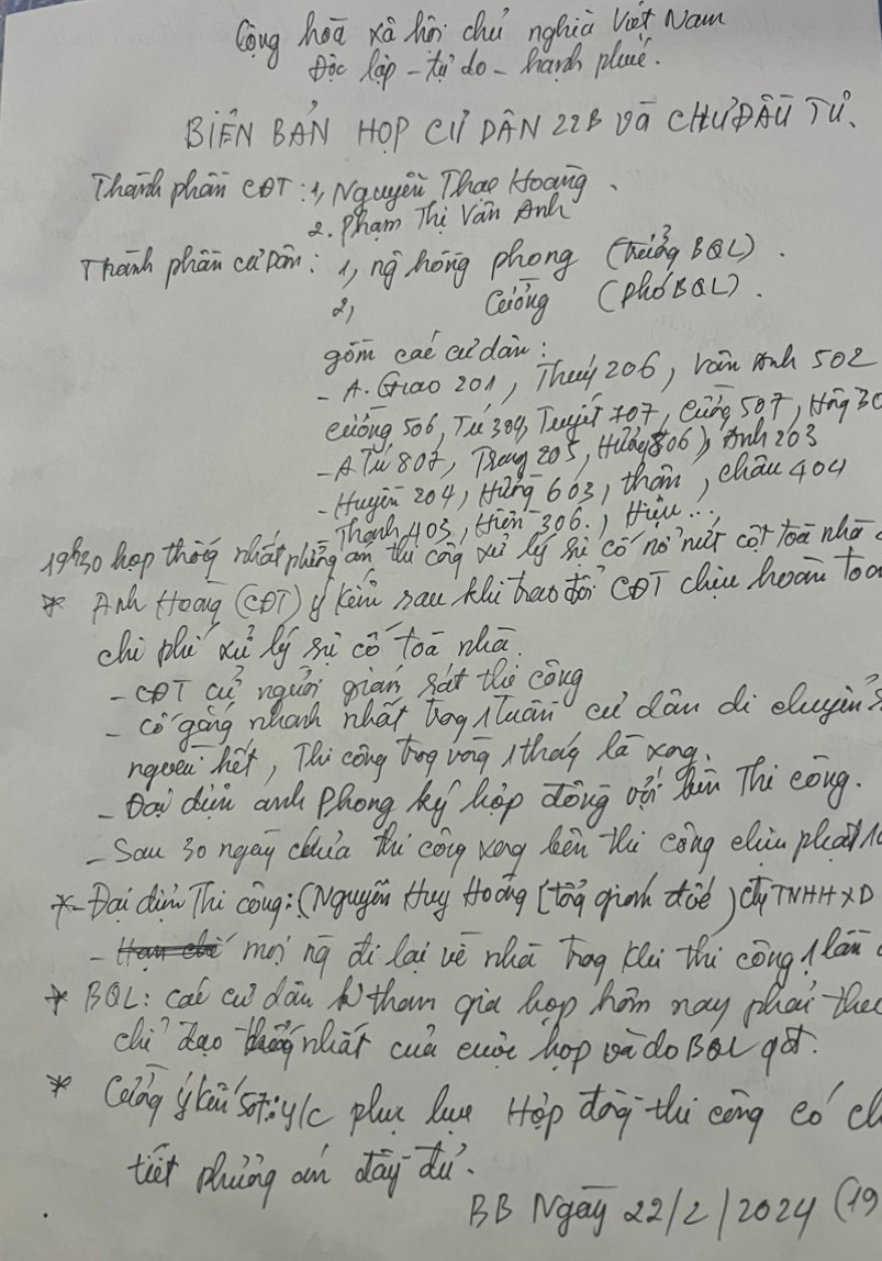 Chủ đầu tư CCMN số 22B ngách 236/17 Khương Đình từng làm biên bản cam kết sẽ chịu hoàn toàn trách nhiệm và chi phí sửa chữa tòa nhà.