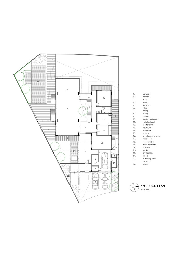 Ngoài ra, ngôi nhà cũng được trang bị ba mái che ô tô (carport) và một nhà để xe được thiết kế khéo léo ẩn mình sau cánh cửa gỗ.