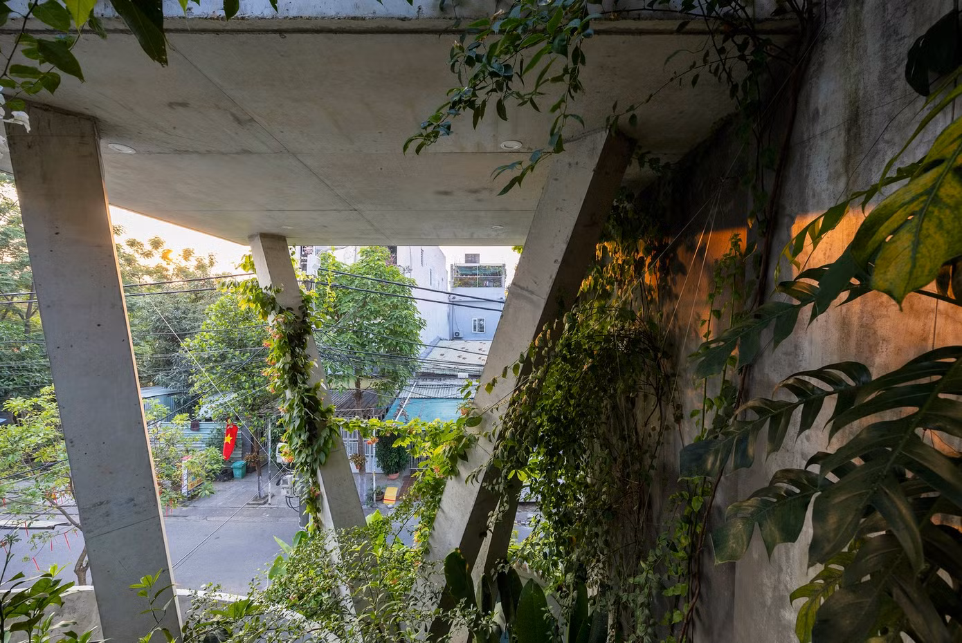 Ngoài ra, việc sử dụng bê tông thô cho cột, cầu thang và sàn nhà với lớp mài hoàn thiện sẽ tạo thêm cảm giác chắc chắn và độ bền, mời gọi người ở kết nối với sự mộc mạc, tự nhiên của ngôi nhà.