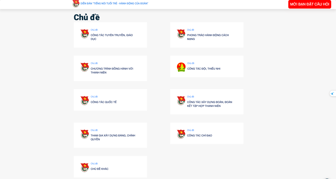 Đoàn viên, thanh niên có thể lựa chọn các chủ đề quan tâm để đặt câu hỏi trực tuyến. Đoàn viên, thanh niên có thể lựa chọn các chủ đề quan tâm để đặt câu hỏi trực tuyến.