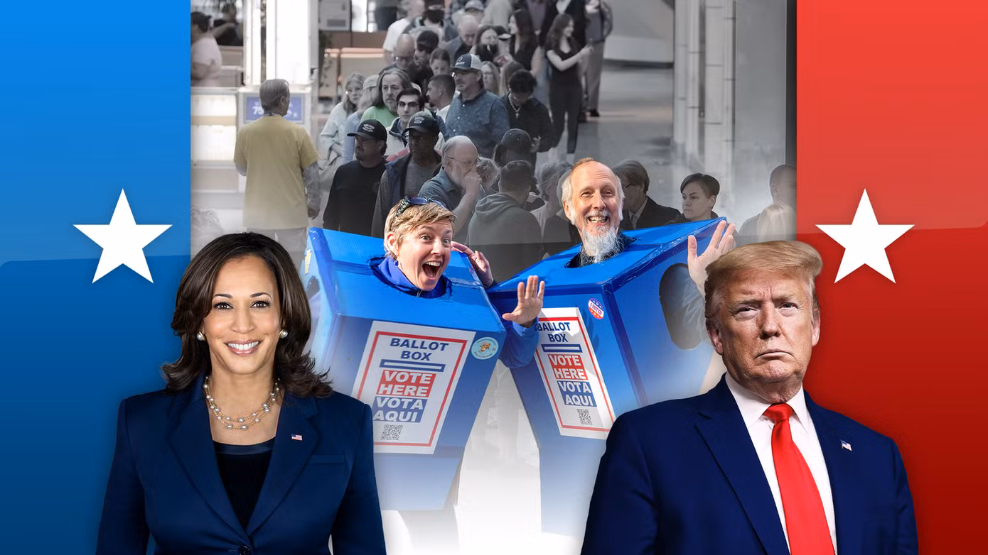 Bà Kamala Harris và ông Donald Trump đang cạnh tranh phiếu bầu trong cuộc bầu cử tổng thống năm 2024 và có thể có những cuộc chiến pháp lý hậu bầu cử. Ảnh: Sky News.