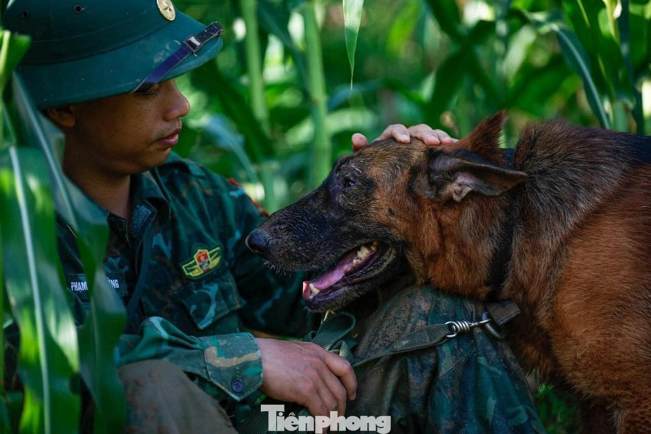 Phút nghỉ ngơi của bộ đội và bạn đồng hành đang tìm kiếm nạn nhân mất tích tại thôn Làng Nủ.
