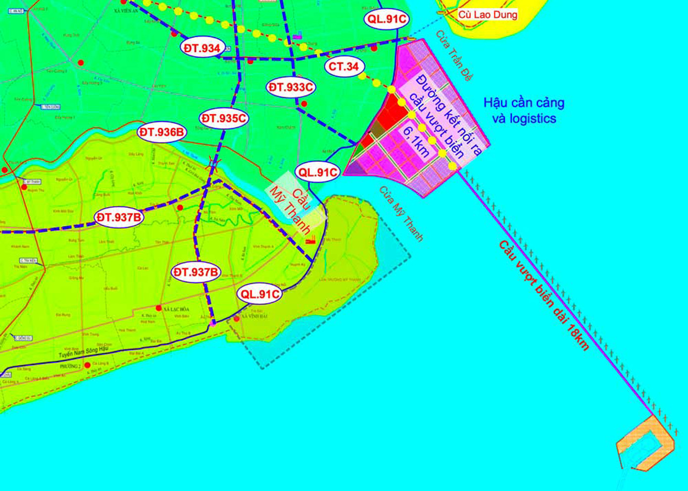 Cầu vượt biển ra cảng Trần Đề dự kiến dài 18 km.