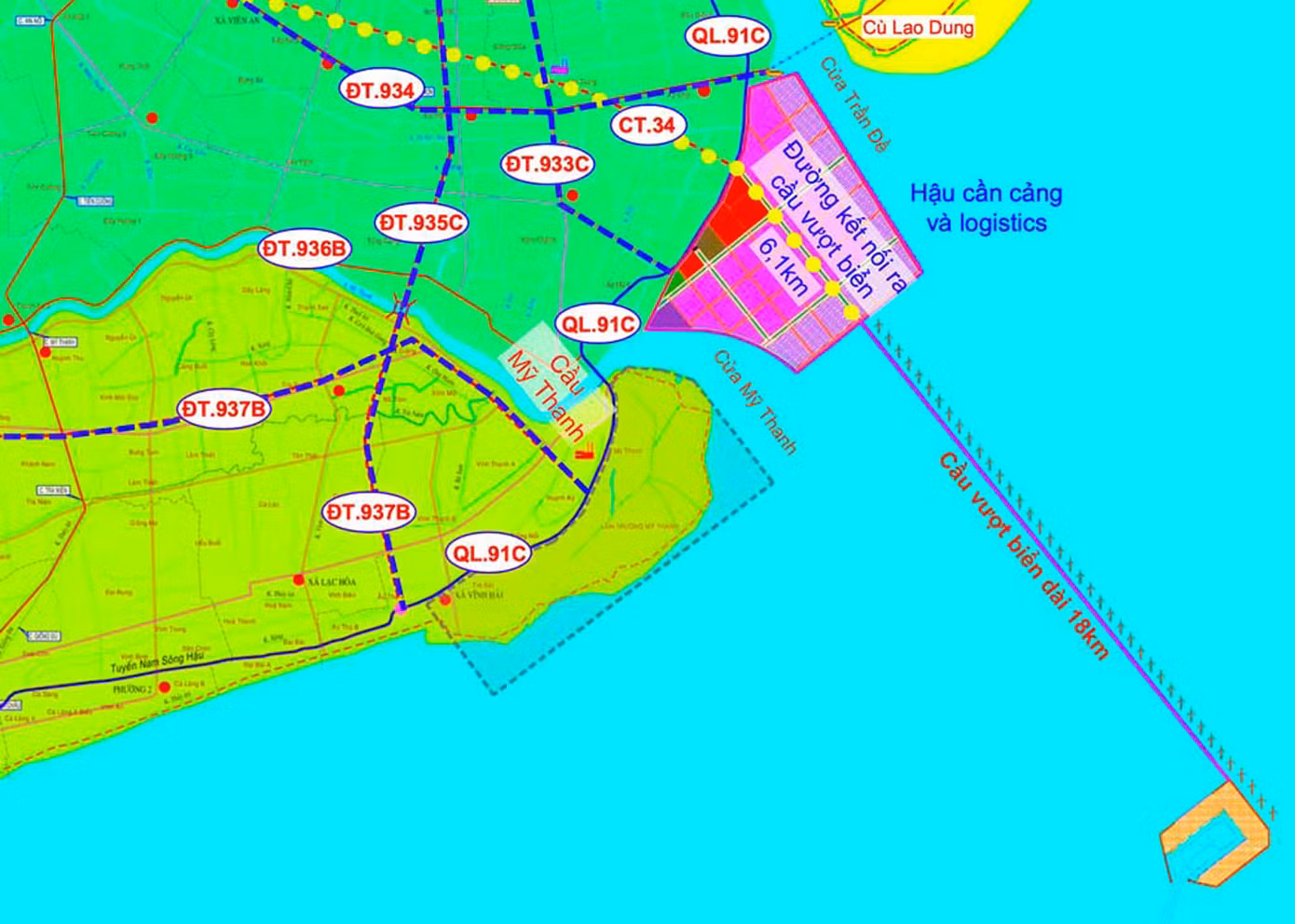 Cầu vượt biển ra cảng Trần Đề dự kiến dài 18 km.