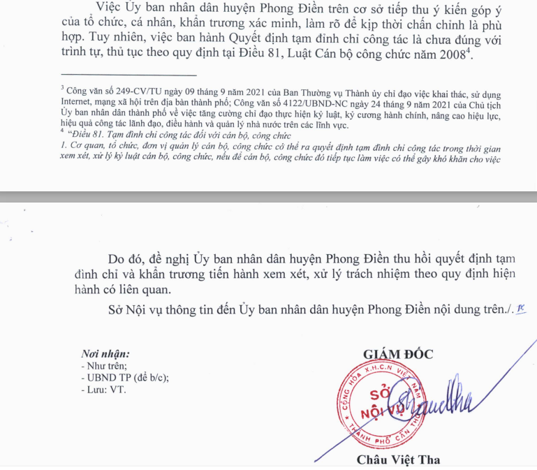 Công văn của Sở Nội vụ thành phố Cần Thơ gửi UBND huyện Phong Điền.