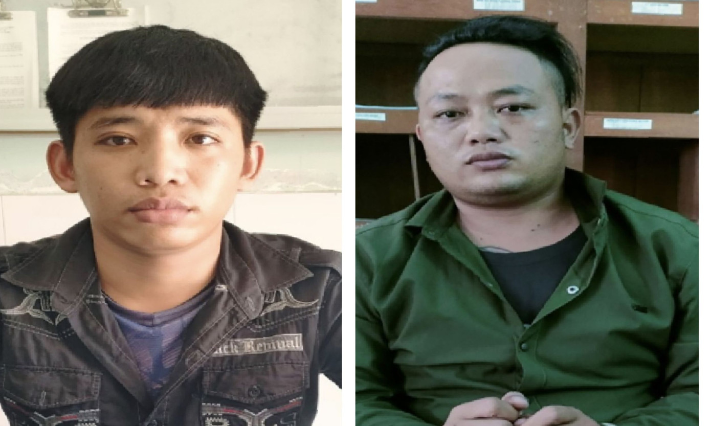 Huỳnh Trí Khanh và Đinh Văn Lành (từ trái sang) tại cơ quan công an. Ảnh: CAKG.