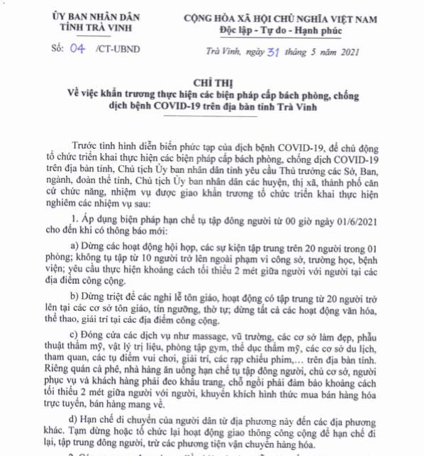 Chỉ thị của UBND tỉnh Trà Vinh.