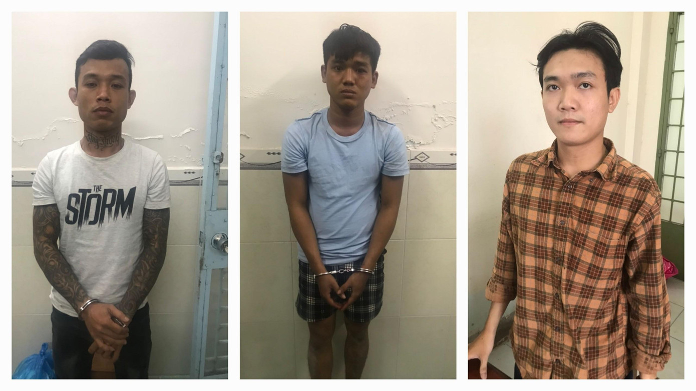 Trần Thanh Thuận, Võ Minh Thành và Phan Thành Thuận (trái sang) tại cơ quan công an.