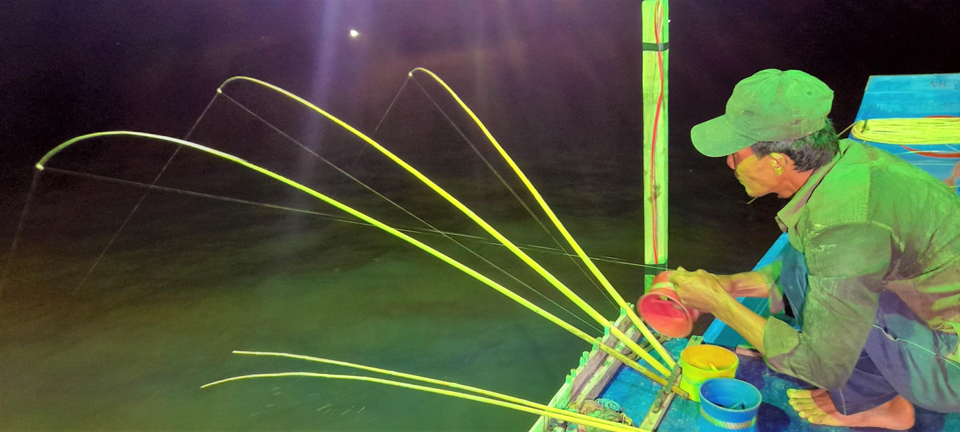 Mồi câu mực được nối vào với dây câu có độ dài khoảng 20 đến 30m nước, gắn vào cần câu, người câu mực gọi cần câu là “bạc”. Người mới biết câu thường câu “bạc” đơn, người câu chuyên nghiệp thường câu “bạc ba, bạc bốn” có nghĩa là 1 cần câu trong một lúc có thể điều khiển được 3 đến 4 lưỡi câu. Mực ăn câu, người câu sẽ kéo lên nhanh, không để dây câu chùng thì mực sẽ bị rớt lại biển.