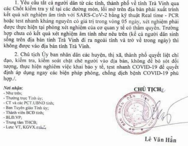 Công điện của UBND tỉnh Trà Vinh.