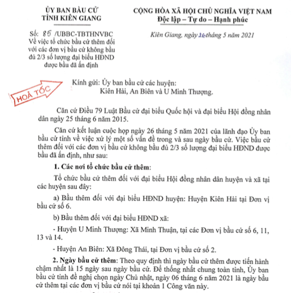 Công văn hoả tốc của Uỷ ban bầu cử tỉnh Kiên Giang. Công văn hoả tốc của Uỷ ban bầu cử tỉnh Kiên Giang.