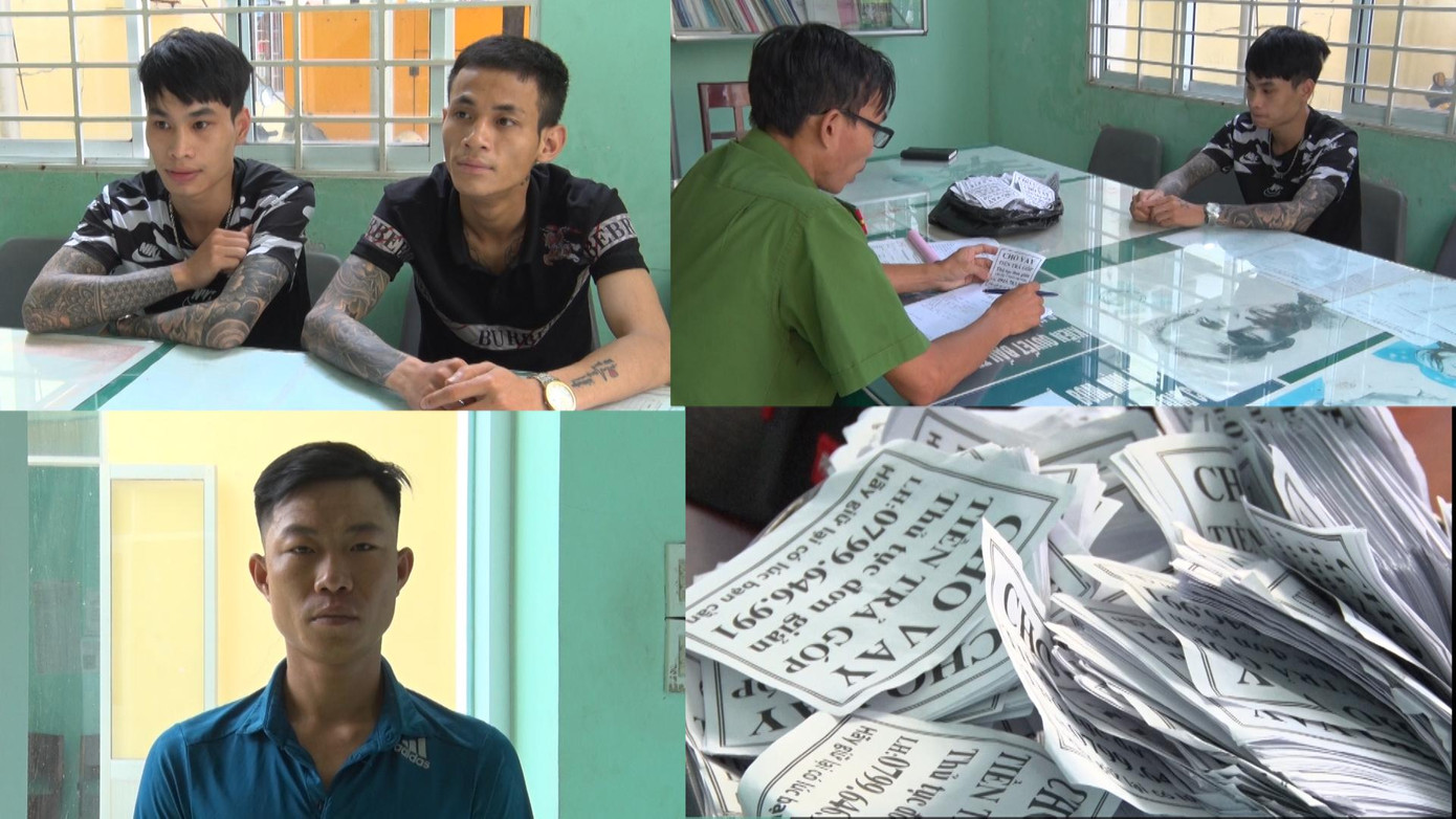 Nhóm đối tượng bị cơ quan chức năng bắt quả tang khi rải, dán tờ rơi quảng cáo cho vay trả góp. Nhóm đối tượng bị cơ quan chức năng bắt quả tang khi rải, dán tờ rơi quảng cáo cho vay trả góp.