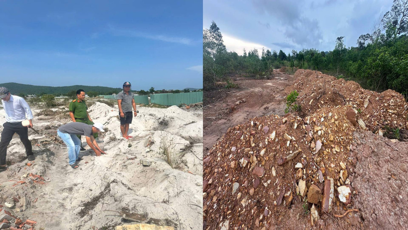 Lực lượng chức năng đang kiểm tra tại hiện trường khai thác khoáng sản trái phép. Lực lượng chức năng đang kiểm tra tại hiện trường khai thác khoáng sản trái phép.