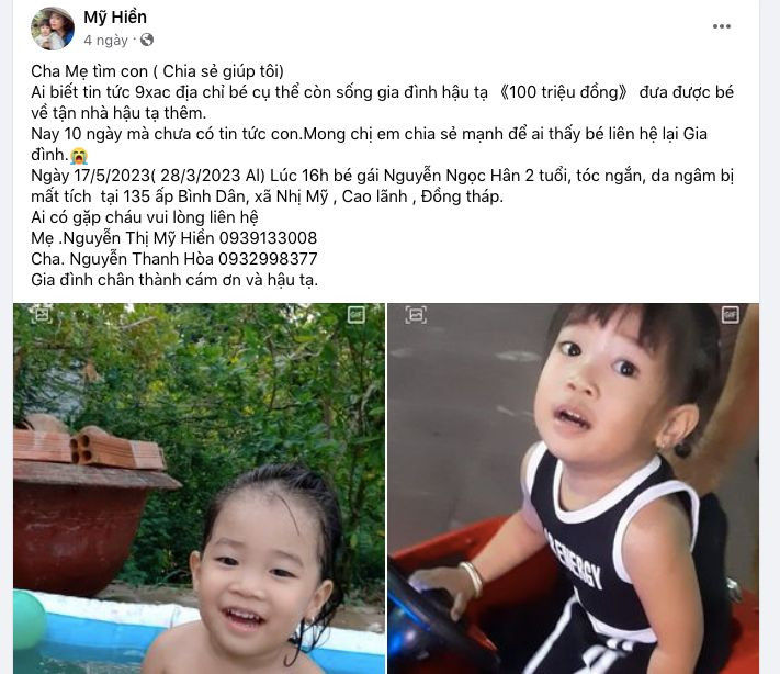 Chị Mỹ Hiền đăng thông tin treo thưởng 100 triệu đồng tìm con trên facebook. Ảnh: chụp màn hình. Chị Mỹ Hiền đăng thông tin treo thưởng 100 triệu đồng tìm con trên facebook. Ảnh: chụp màn hình.