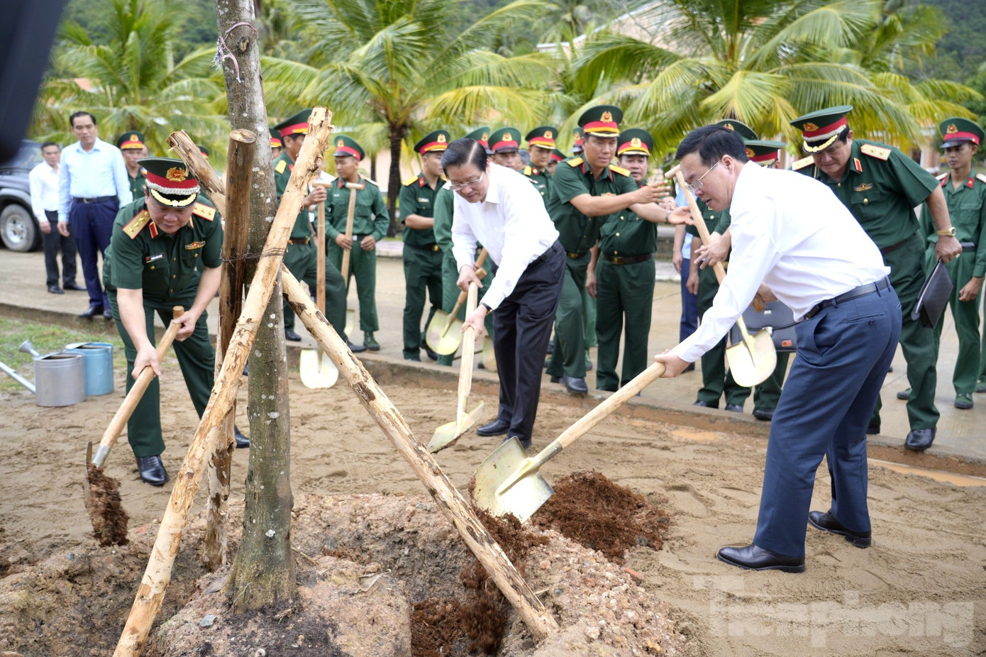 Chủ tịch nước Võ Văn Thưởng ( bìa phải) trồng cây tại khuôn viên Trung đoàn Bộ binh 152. Ảnh: T. Hồ.