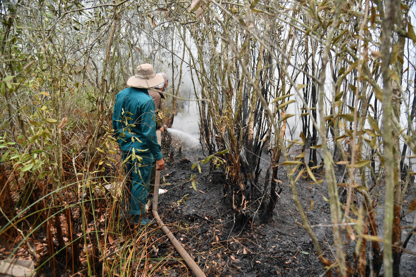 Cán bộ, chiến sĩ tổ chức dập lửa. Ảnh: Phương Vũ.