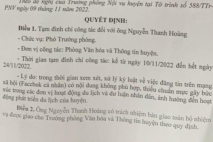 Quyết định tạm đình chỉ công tác đối với ông Nguyễn Thanh Hoàng.