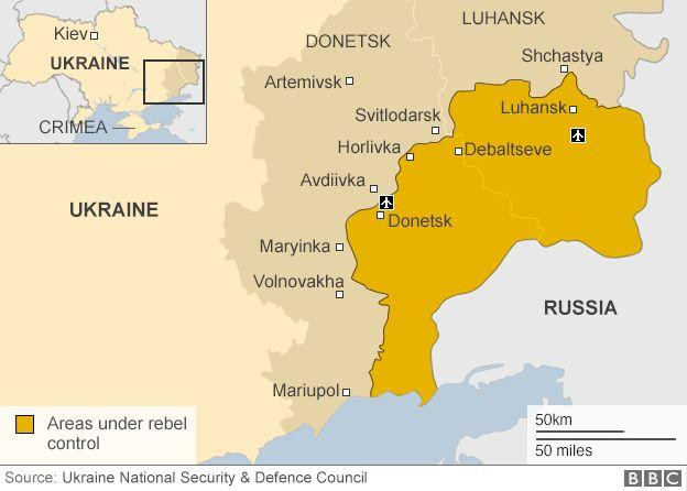 Khu vực Donetsk và Luhansk. Nguồn: BBC