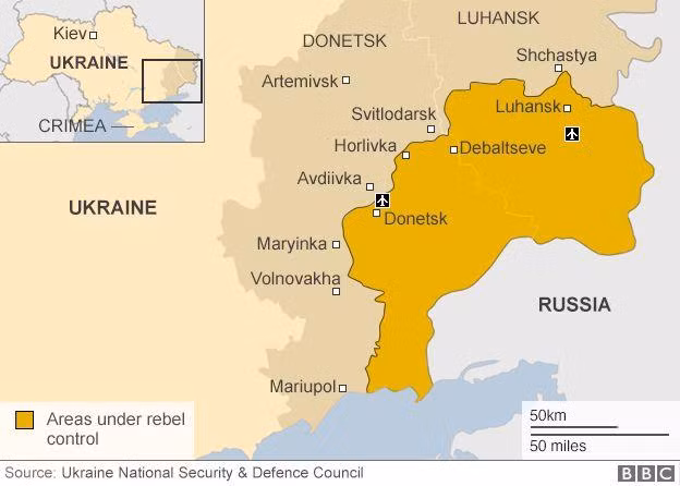 Các nước Cộng hoà tự xưng Donetsk và Luhansk ở miền Đông Ukraine, nơi có nhiều người gốc Nga sinh sống. Ảnh: BBC