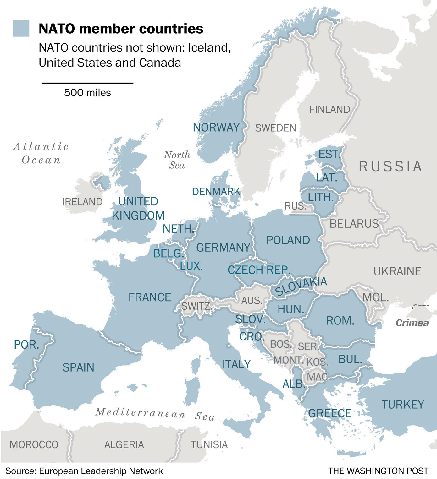 Bản đồ một số nước thành viên NATO (màu xanh). Ảnh: The Washington Post