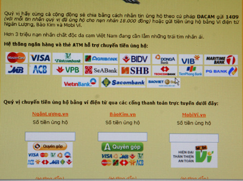 Thông qua ví điện tử trên website: nodaudacam.net để ủng hộ các nạn nhân da cam