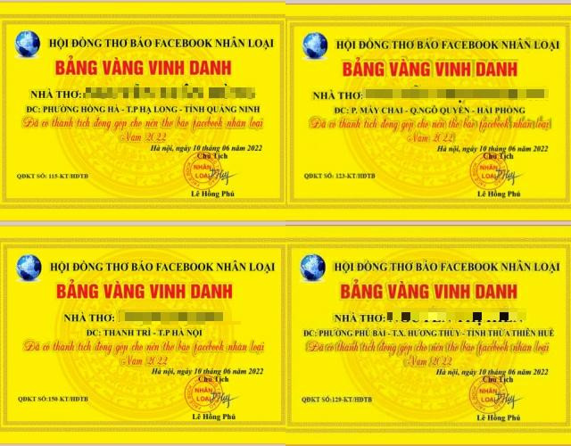 Một số "bảng vàng vinh danh" đã được cấp cho một số "hội viên".