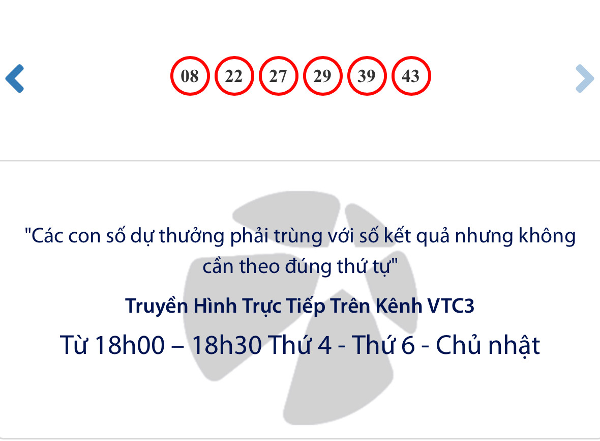 Bộ số mang lại may mắn cho khách hàng gồm: 08-22-27-29-39-43.