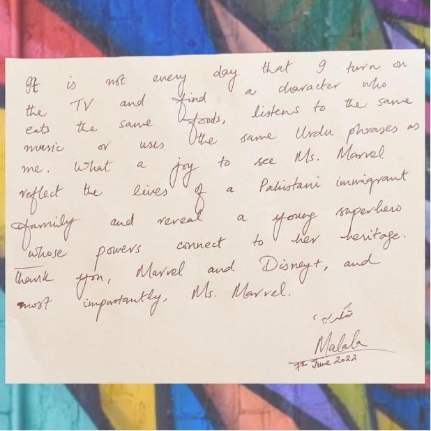 Bức thư tay được chính nữ nhà văn Malala gửi đến Marvel Studios. Bức thư tay được chính nữ nhà văn Malala gửi đến Marvel Studios.