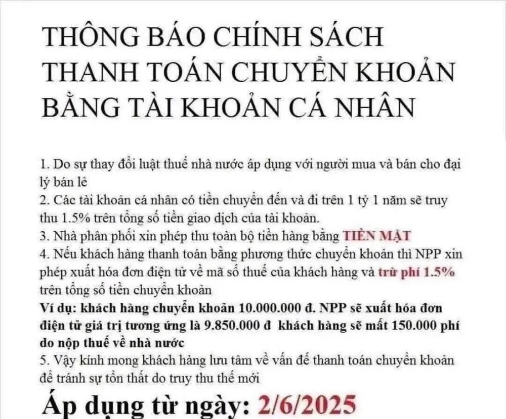 Thông báo giao dịch bằng tiền mặt, nếu chuyển khoản thu thêm 1,5% thuế từ ngày 2/6.