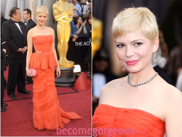 Angelina Jolie sang trọng trong chiếc đầm cúp ngực bằng nhung đen của Atelier Versace. Đường xẻ cao, khoe đôi chân dài, tôn thêm nét quyến rũ. Nữ diễn viên Michelle Williams đến với thảm đỏ Oscar năm 2012 trong bộ váy thướt tha màu đỏ rực rỡ của Louis Vuitton. "Nửa kia" của George Clooney là Stacy Kiebler lộng lẫy trong chiếc váy Marchesa vàng ánh kim, thiết kế của Marchesa rất sang trọng và nữ tính từ những tạo hình, xếp nếp rất gợi cảm. Jennifer Lopez mặc chiếc váy của Zuhair Murad, chiếc đầm ôm sát cơ thể cùng những đường kẻ đơn giản của chất liệu càng làm tăng vẻ đẹp của cô. Nữ diễn viên Rose Byrne ấn tượng trong chiếc đầm lệch vai màu đen long lanh của Vivienne Westwood. Jessica Chastain xuất hiện trong chiếc đầm sang trọng của Alexander McQueen. Những họa tiết hoa văn được thêu tỉ mỉ là nét ấn tượng trên thiết kế tuyệt vời này. Viola Davis tràn đầy sức sống trong chiếc đầm màu xanh lá cây của Vera Wang