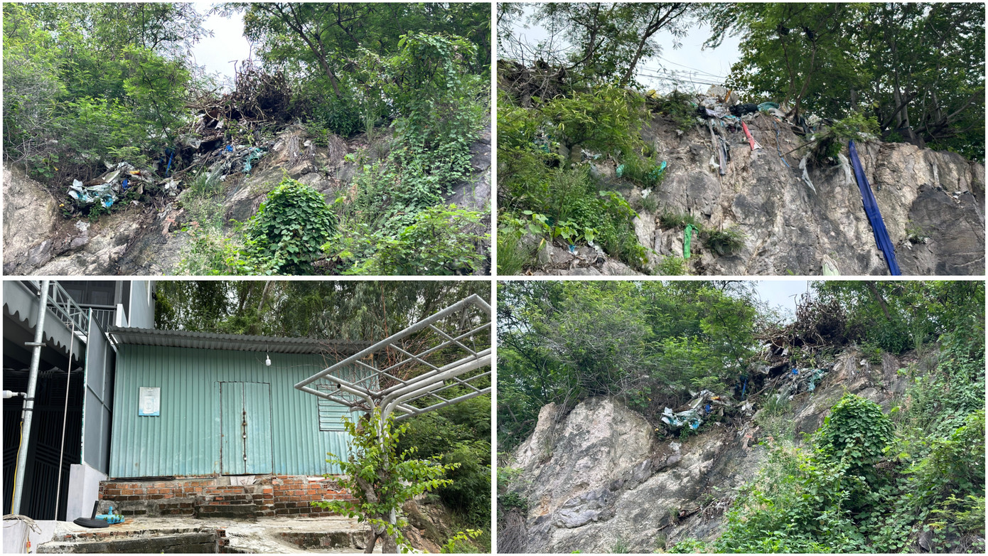 Một số bộ phận người dân còn thiếu ý thức trong việc bảo vệ môi trường khi rác thải được xả tràn lan trên vách núi.