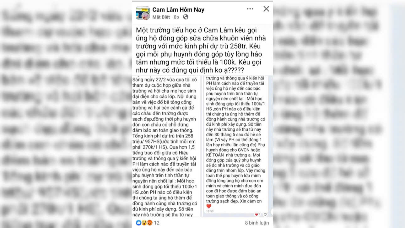 Nội dung đoạn tin nhắn được đăng tải trên mạng xã hội gây xôn xao dư luận những ngày qua về mức kinh phí dự trù 258 triệu đồng để sửa chữa khuôn viên trường. Ảnh: MXH. Nội dung đoạn tin nhắn được đăng tải trên mạng xã hội gây xôn xao dư luận những ngày qua về mức kinh phí dự trù 258 triệu đồng để sửa chữa khuôn viên trường. Ảnh: MXH.