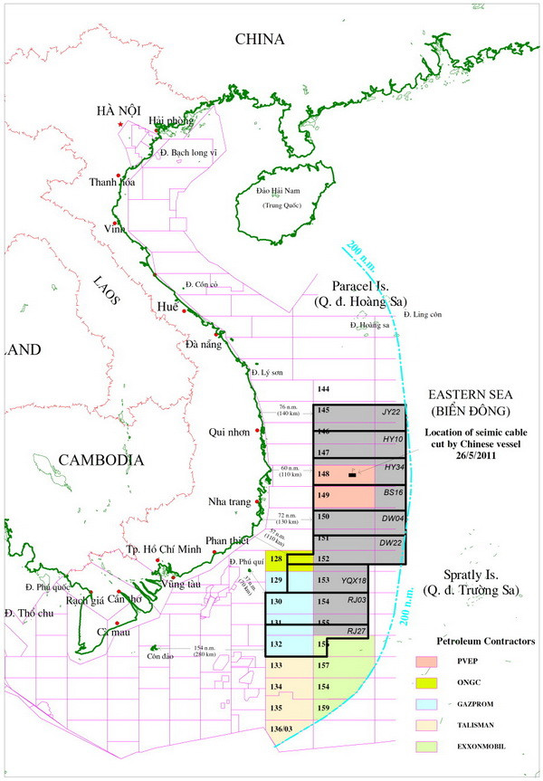 Bản đồ cho thấy 9 lô dầu khí trong vùng đặc quyền kinh tế và thềm lục địa Việt Nam