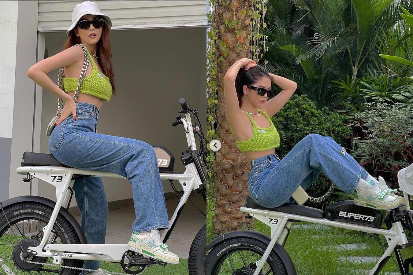 Kết hợp áo len móc màu xanh bắt mắt cùng quần jeans và một số phụ kiện, Ngọc Trinh nhận được nhiều lời khen của người hâm mộ.