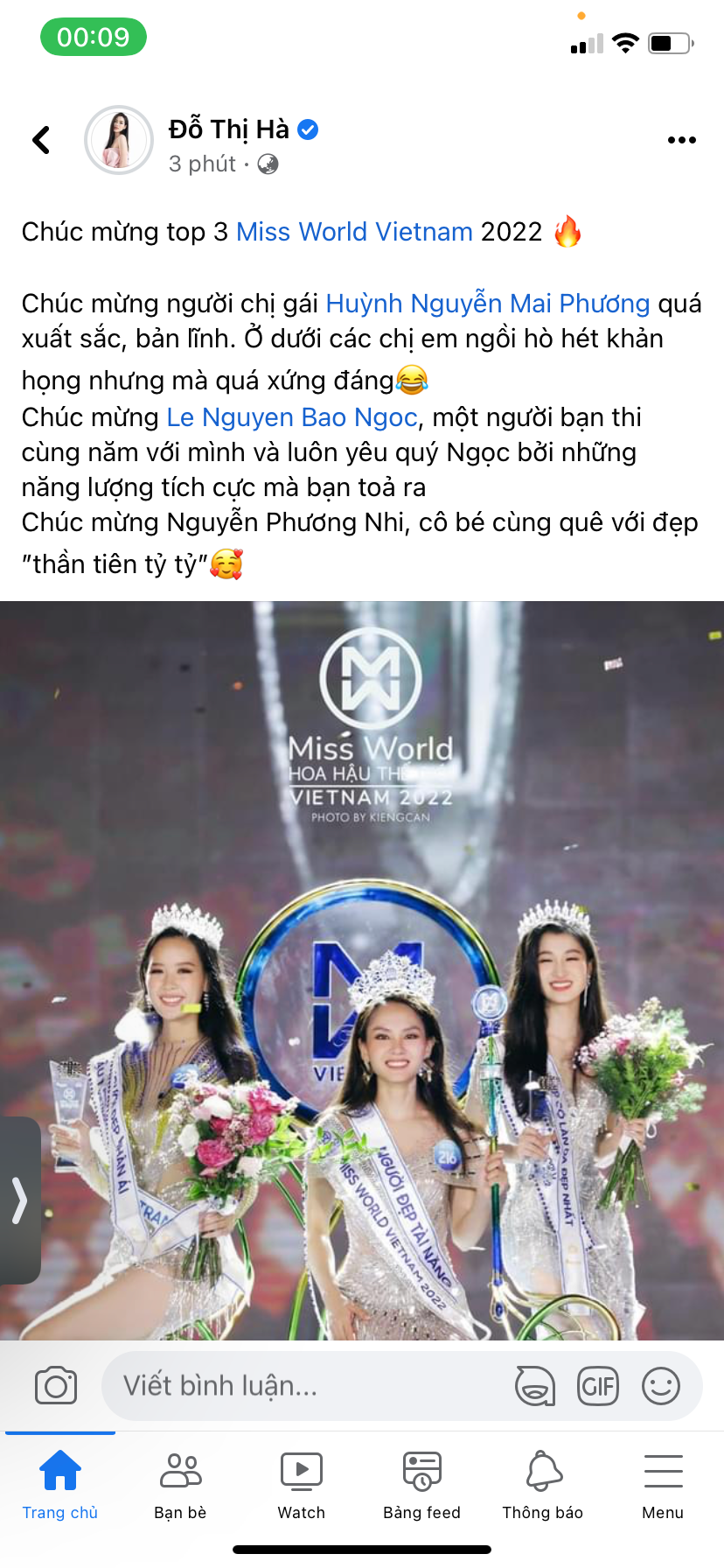 Hoa hậu Đỗ Thị Hà hét khản giọng vì cổ vũ cho Hoa hậu Mai Phương.