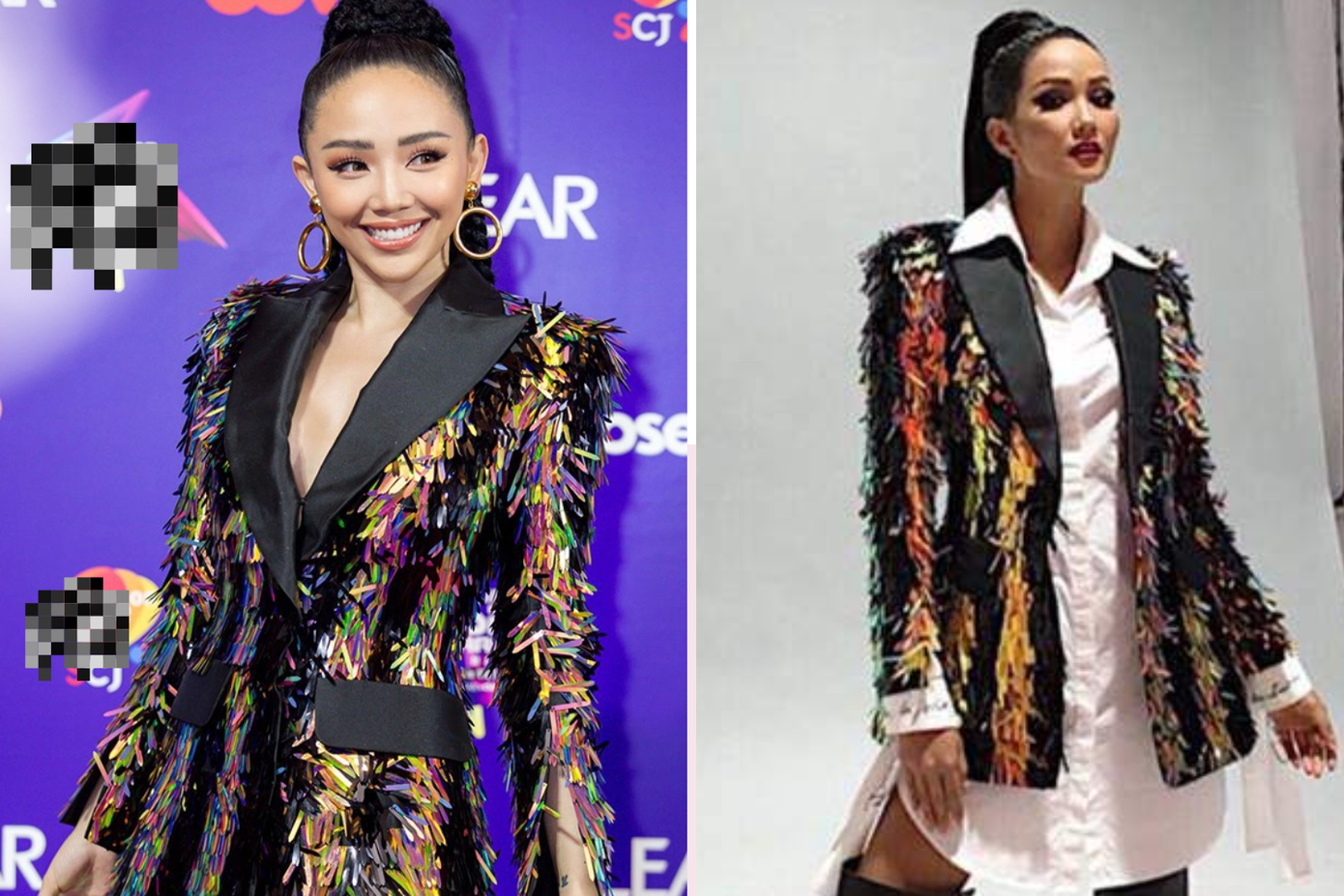 H'Hen Niê từng đụng độ Tóc Tiên với thiết kế blazer tua rua màu sắc. Tuy nhiên, cách trang điểm và phối đồ của Tóc Tiên được nhiều netizen đánh giá là nổi bật hơn nàng hậu Ê-đê. H'Hen Niê từng đụng độ Tóc Tiên với thiết kế blazer tua rua màu sắc. Tuy nhiên, cách trang điểm và phối đồ của Tóc Tiên được nhiều netizen đánh giá là nổi bật hơn nàng hậu Ê-đê.