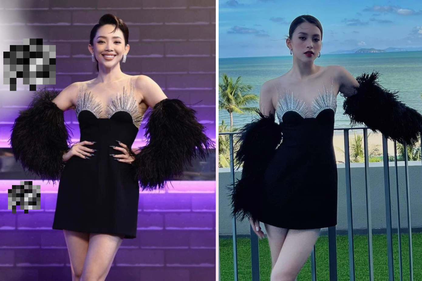 Diện chiếc váy đen cách điệu với phần tay áo tua rua như Hoa hậu Tiểu Vy, Tóc Tiên trở nên vừa nữ tính vừa quyến rũ với chi tiết đính đá và kim tuyến ở phần ngực. Diện chiếc váy đen cách điệu với phần tay áo tua rua như Hoa hậu Tiểu Vy, Tóc Tiên trở nên vừa nữ tính vừa quyến rũ với chi tiết đính đá và kim tuyến ở phần ngực.