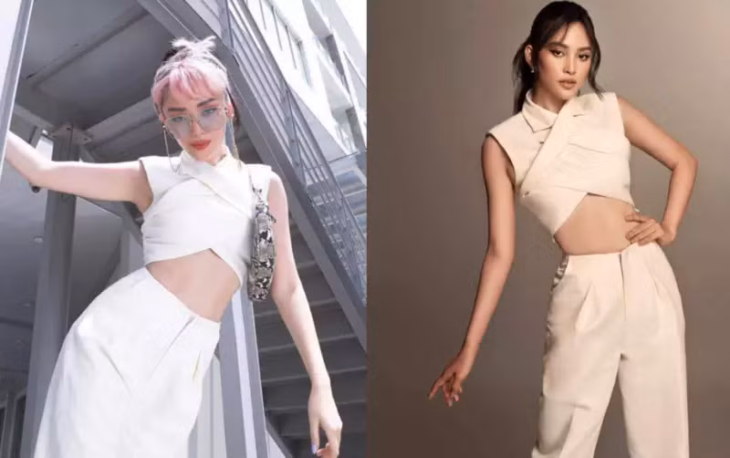 Cùng diện set đồ trắng để khoe vòng eo thon thả nhưng bà xã Touliver thể hiện dấu ấn rõ nét khi phối thêm kính mắt và túi xách bắt trend để khiến bộ trang phục thêm ấn tượng.
