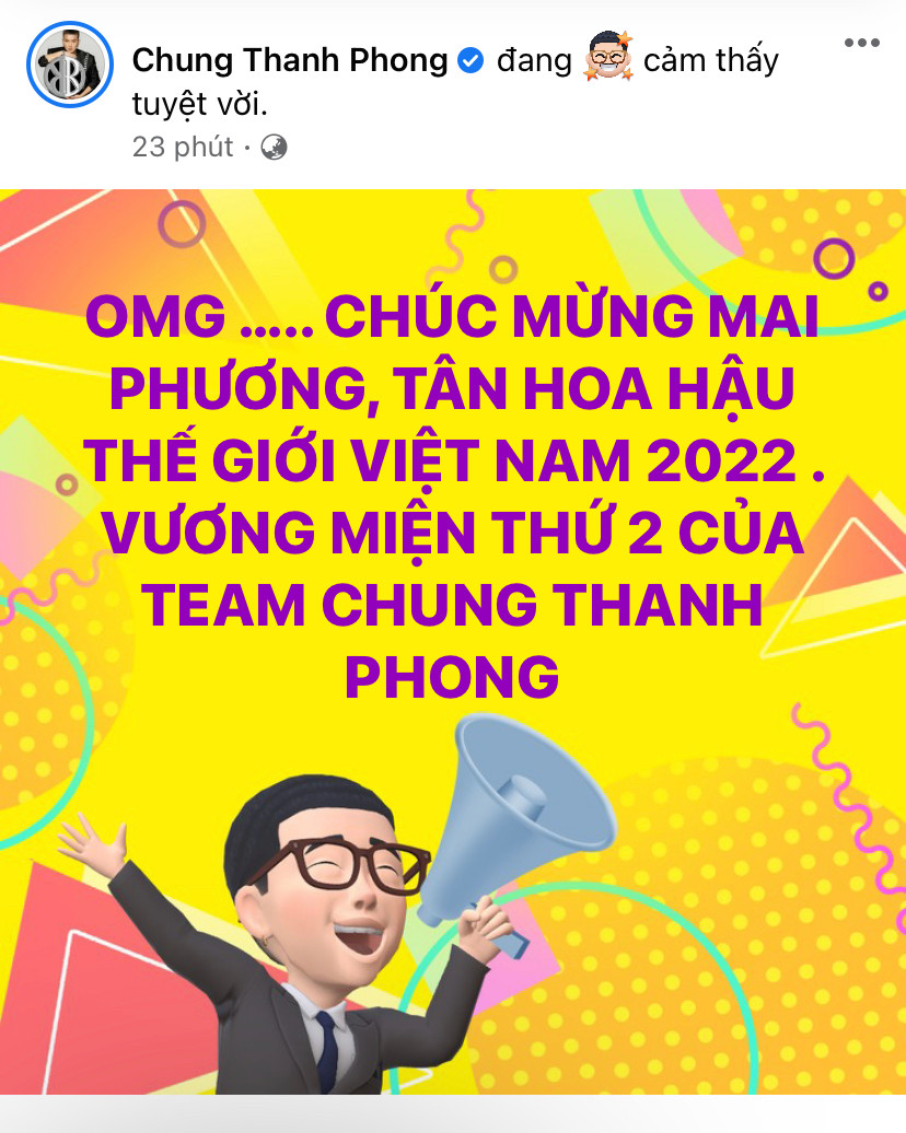 NTK Chung Thanh Phong bày tỏ sự tự hào và niềm vui to lớn khi Mai Phương chiến thắng.