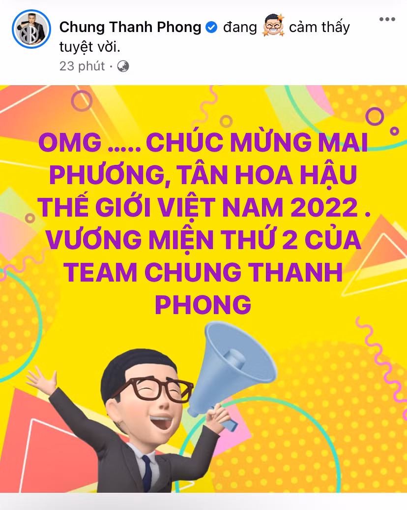 NTK Chung Thanh Phong bày tỏ sự tự hào và niềm vui to lớn khi Mai Phương chiến thắng.