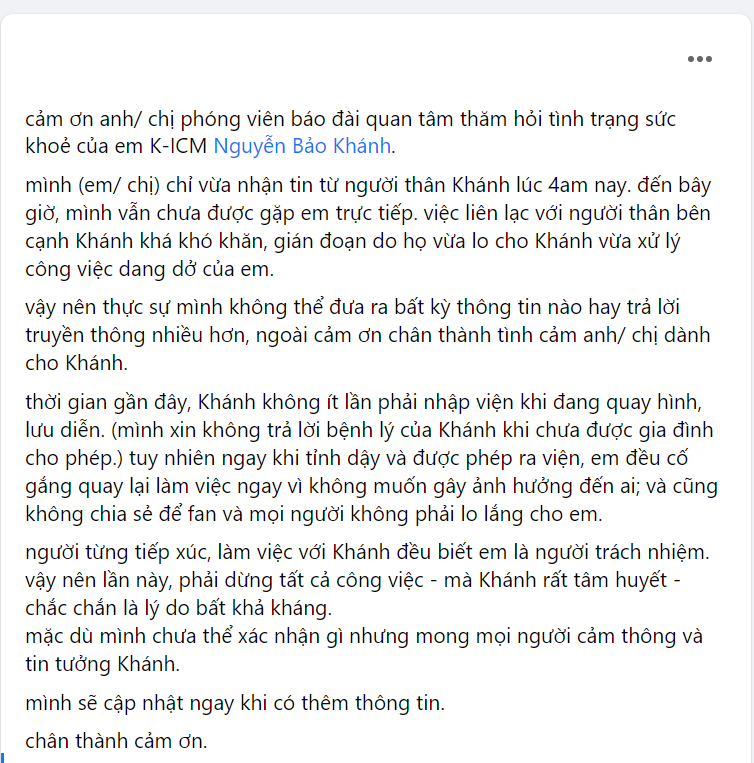 Bài viết trên trang cá nhân của quản lý truyền thông phía K-ICM.