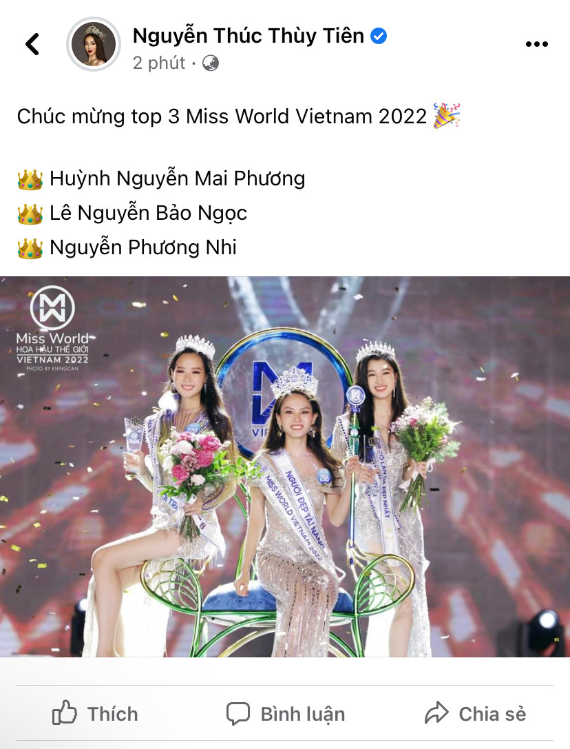 Hoa Hậu Hòa Bình Thế Giới Nguyễn Thúc Thùy Tiên chúc mừng Top 3 Hoa Hậu Thế Giới Việt Nam 2022.